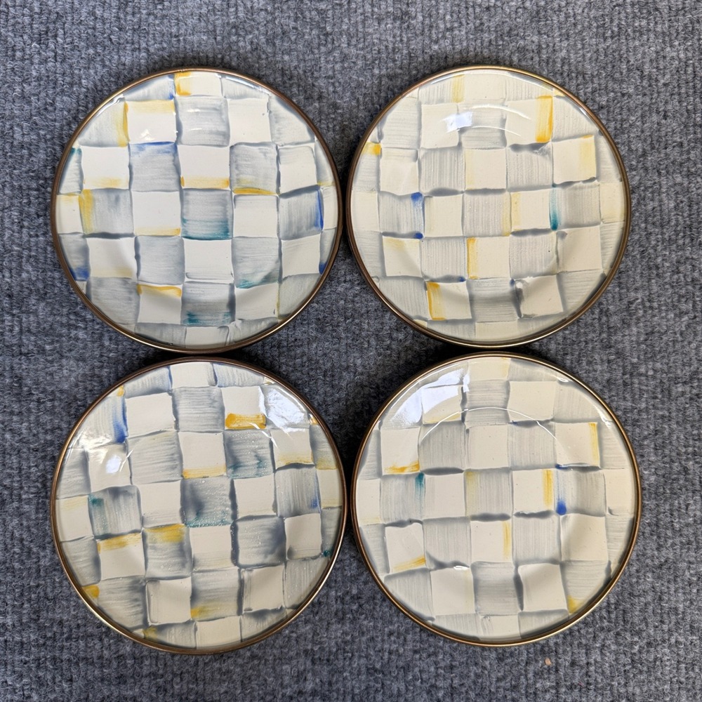 MacKenzie Childs Sterling Check Enamel Canape Plates Set Party Dessert Appetizer